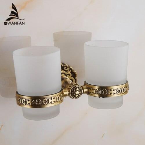 Cup & Tumbler Holders Glass Cup Brass Antique Toothbrush Cup Holder Set Luxury Bathroom Accessories Wall Tumbler Holders 10703F