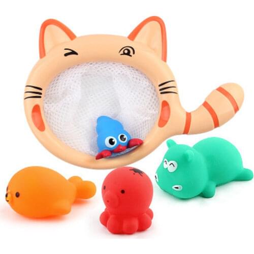 Bath Toys New Bathroom Kitten Cat Scoop Net Toy Baby Bathing Water Squeeze Water Spray Ocean Animal Set Toys