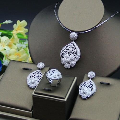 Luxury Water Drop Cubic Zircon Nigerian Necklace Earring Ring Jewelry Sets For Women Wedding Indian Dubai Bridal Jewelry Sets