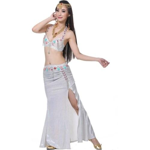 2019 Belly Dance Costume Clothes Oriental Bellydance Beaded Top Bra & Skirt Set Outfit Silver Belly dance Oriental costume