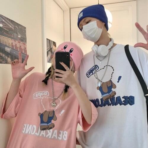 Summer New Female Couple T-Shirt Men And Women Letter Cartoon Bear Print Hip-Hop Oversized Female Top