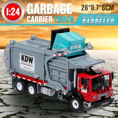 Alloy Diecast Barreled Garbage Carrier Truck 1:24 Waste Material Transporter Vehicle Mod Collector Hobby Toys Kid Christmas Gift