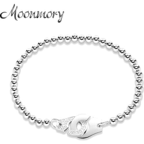 Moonmory 100% 925 Sterling Silver Half Crystal Handcuff Bracelet For Unisex Zircon Beads Bracelet European Pop Jewelry Menottes