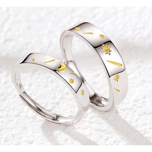925 Sterling Silver Couple Rings for Women Men Moon Sun Open Rings Wedding Engagement Jewelry