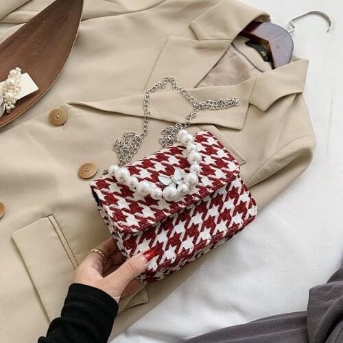 Women Bag New Fashion Canvas Flap Pearl Handle Chains Shoulder Bags Houndstooth Hasp Pures And Bags Crossbody Women Bag