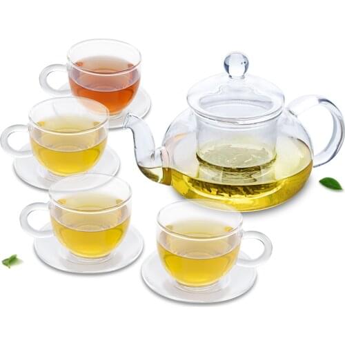 Heat-Resistant Flower Teapot & 4PC Glsss Handle Teacup with 4PC Saucers Set