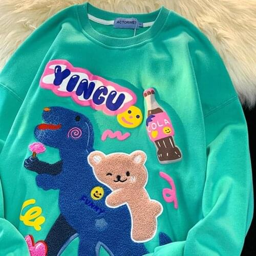 Dinosaur Letters Print Vintage Brand Hoodie for Teens Girls New Spring Thin Long Sleeve Tops Women New Korean Fashion Harajuku