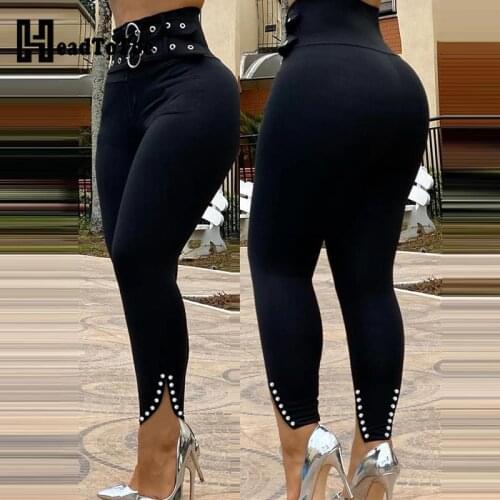 Beaded Eyelet O-Ring Slit Skinny Pants