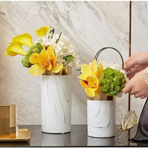 European Style Marbled Ceramic Vase White Cylindrical Dried Flower Crafts Living Room Decoration Countertop Vase Home Decoration