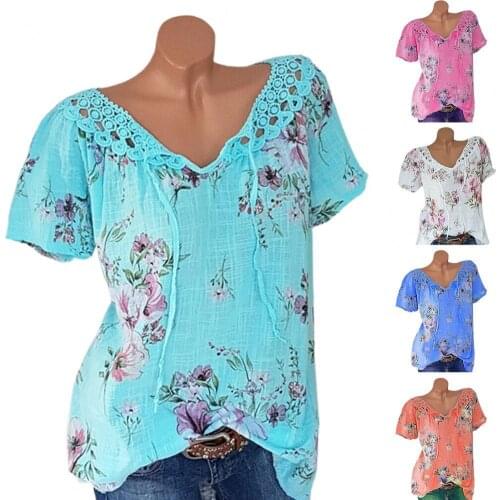 Women Tshirt Plus Size Short Sleeve Flower Print Lace Crochet 2021 Summer Female T Shirt V Neck Bandage Pullover Office Lady Top