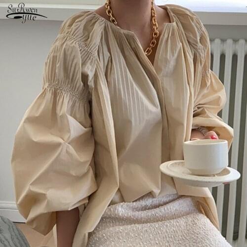 Spring New Solid All-match Plus Size Shirt Oversized Puff Long Sleeve Women Blouse O-Neck Pleated Fold Loose Tops Blusas 13789