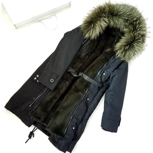 Ladies rex rabbit fur liner parka coat hooded with large raccoon fur collar jacket female long outerwear winter overcoat