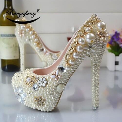 2019 New arrival Womens wedding shoes Rice white Rhinestone pearl Bridal party dress shoes Bridesmaid High heels platform shoe