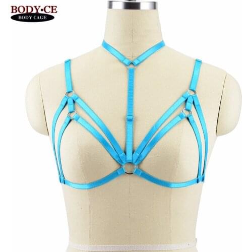 Lake Blue Body Cage Harness Bra Belt Lingerie Elastic Strappy Tops Bondage Fetish Exotic Club Party Rave Burlesque Dance Wear