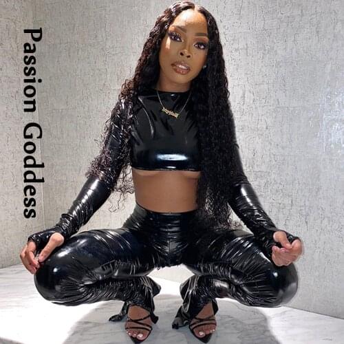 Punk Cool Women 2 Piece Bright PU Leather Sets Long Sleeve Crop Shirts High Waist Split Stacked Pants Party Two Piece Outfits