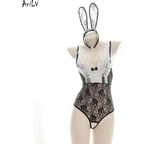 AniLV Women Sexy Flower Lace Bodysuit Pajamas Costumes Bunny Girl Elves Swimsuit Uniform Set Party Cosplay