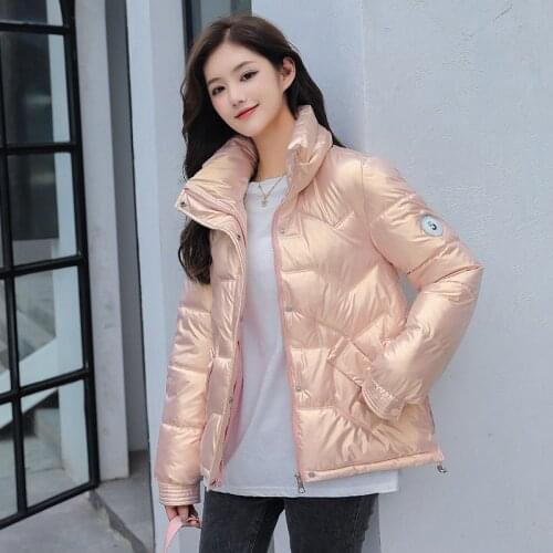 Winter Parkas Short Warm Jackets Womens Stand Collar Glossy Cotton Padded Clothing Female Wadded Coats Pockets Outwear Female