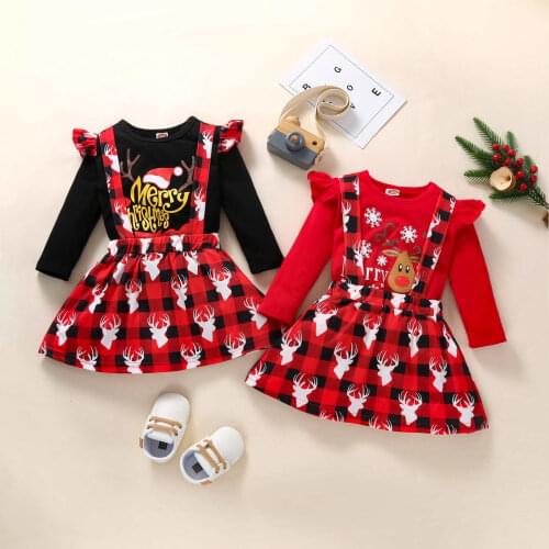 2021 Christmas Infant Baby Girls Clothing Set Cute Cartoon Elk Print Rullfe Long Sleeve Tops+Plaid Skirts 2PCS Kid Party Costume