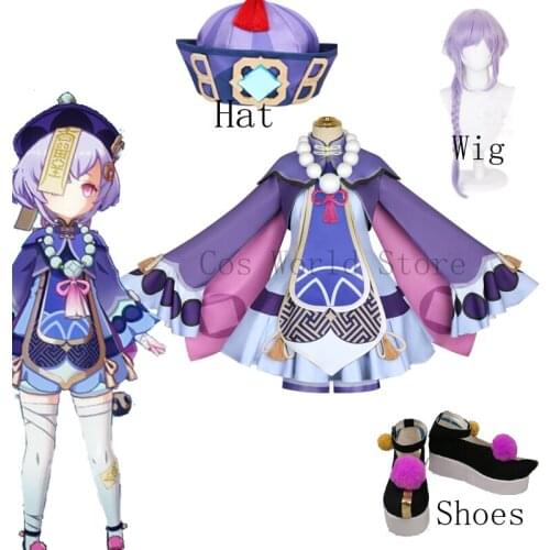 Anime Game Genshin Impact Qiqi Cosplay Costume Women Dress Outfit Wig Shoes Zombie Purple Halloween Party Dress Anime Clothes