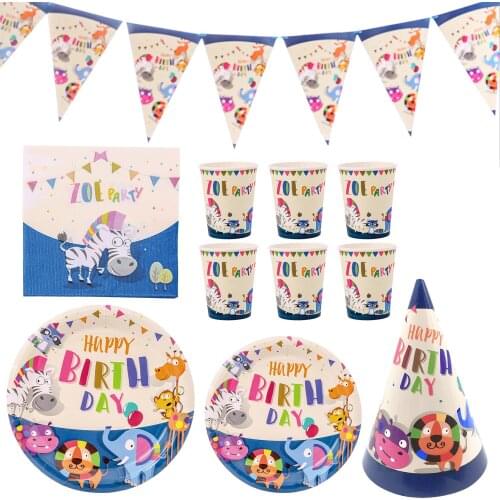 Besegad 53pcs Animal Theme Birthday Party Decoration Supplies Kit Set Plate Cup Hat Triangular Flag Napkin for Baby Children Kid