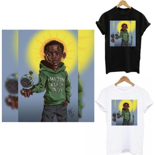 Black Boy Iron On Patches For Clothing DIY Thermal Sticker On Clothes Kid T-shirt Hooides Fashion Boy Patch Decoration Applique