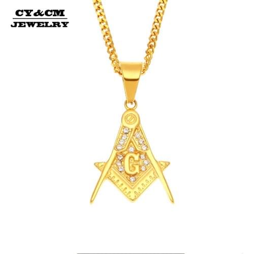 CY&CM Men Free Masonic Pendant Stainless steel Rhinestone Gold Color Metal Freemason Women Necklace Chain Hip hop Punk Jewelry