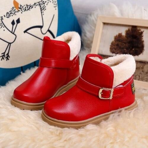 Kids Girls Snow Boots 2021 Winter Pu Leather Infant Cotton Shoes Buckle Toddler Boots Warm Casual Non-slip Short Plush Warm