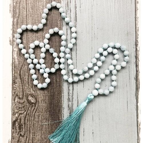 Healing Prayer Beads Tassel Necklace For Men And Women 8mm A-quamarine Knotted Boho Jewelry 108 Beads Mala Yoga Necklace Gift