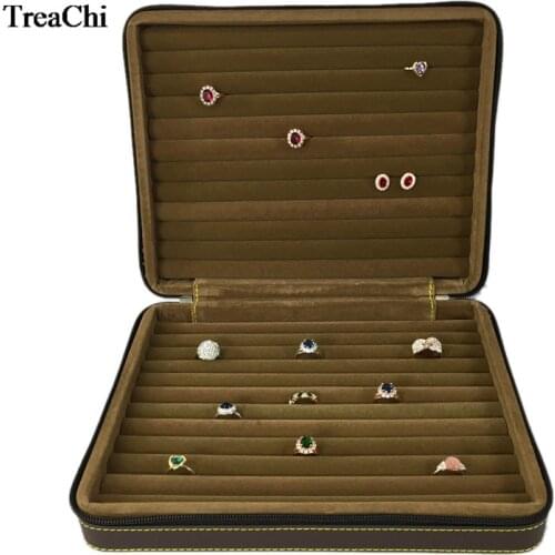 Brown Leather Ring Jewelry Display Storage Tray Slot Bar Stud Cufflink Ring Organzier Travel Zipper Box Casket