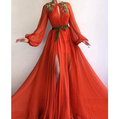 Muslim Evening Dresses 3D Flowers Lace High Slit Chiffon Islamic Dubai Kaftan Saudi Arabic Long Sleeve Evening Gown Prom Dress