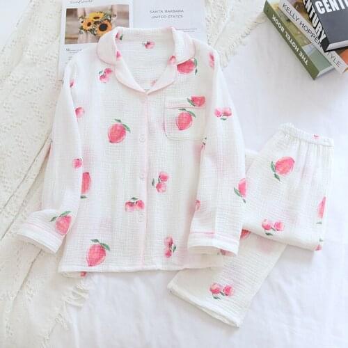 Spring / Autumn 100% Cotton Gauze Pajamas for Women Long-sleeved Trousers Thin Two Piece Set Japanese Peach Print Home Clothing