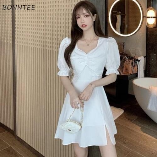 Dress Women Puff Sleeve Mini Square Collar Solid Color Sexy Side-slit Sweet Ulzzang Female Elegant Folds All-match Streetwear