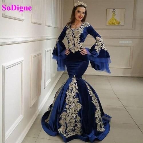 SoDigne Arabic Mermaid Velvet Evening Dress Gold Floral Applique African Long Sleeve Formal Dress Party Prom Gowns