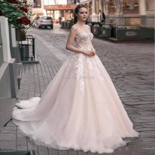 Modern Blush Pink Lace Wedding Dresses Sweetheart Off the Shoulder A Line Soft Tulle Bridal Gowns Chic Applique Bride Dress 2021