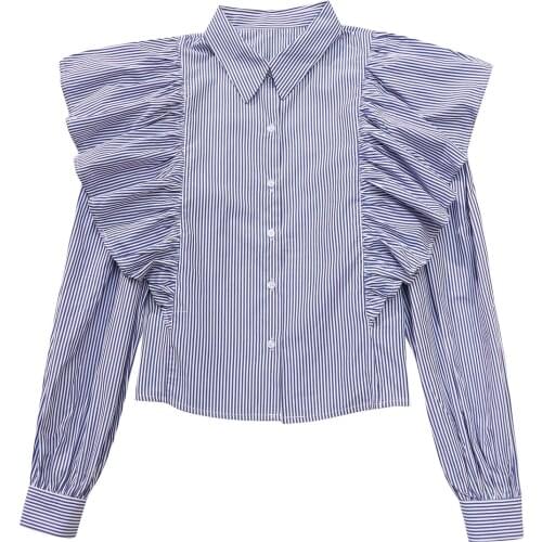 Blue Striped Women Shirts Blouses 2021 Ruffles Blouse Flounces Tops V-Neck Long Sleeve Chic Woman Blusa Spring