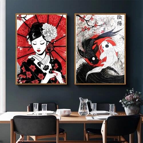 Japanese cartoon style geisha and yin and yang fish oil painting art posters and samurai pictures of room decoration paintings