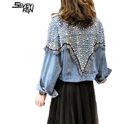 Women Fashion Blue Denim Jacket Pearl Rhinestone Tassel Hipster Loose Short Jeans Jackets Vintage Streetwear Hip Hop Coat Female