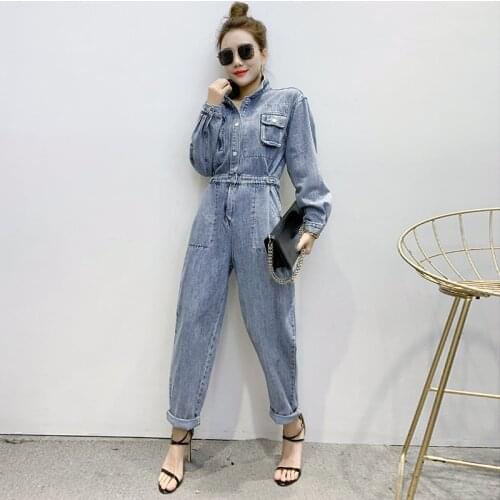 Vintage Denim Jumpsuit Women Spring And Autumn Korean Jumpsuit Long Sleeved High waist Fashion Loose Casual Jumpsuits Female