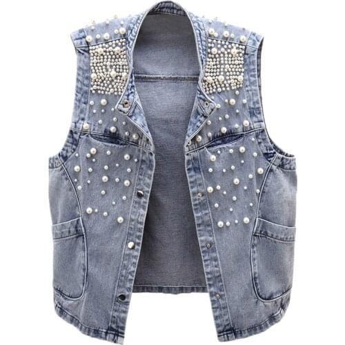 Spring Autumn Fashion Beading Denim Vest Female 2021 New Korean Womens Sleeveless Jacket Korean Loose Big Pocket Waistcoat