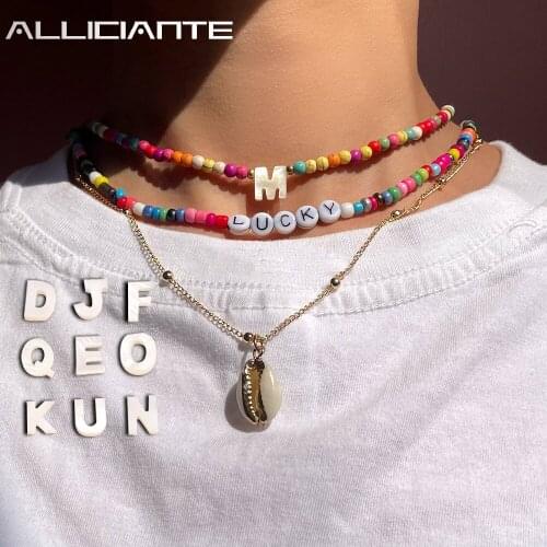 2 Pcs/Set Boho Rainbow Color Letter Bead Strand Big Shell Pendant Necklace Long Metal Chain Acrylic Glass Bead Choker Necklaces