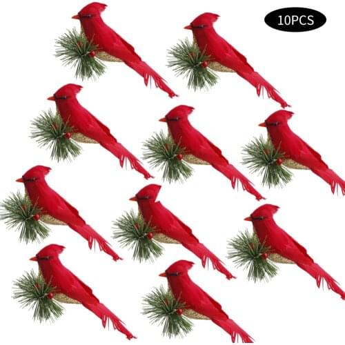 10Pcs Lifelike Lovely Cardinal Clip On Christmas Tree Decoration Festival Decor Red Feathers Artificial Birds Household