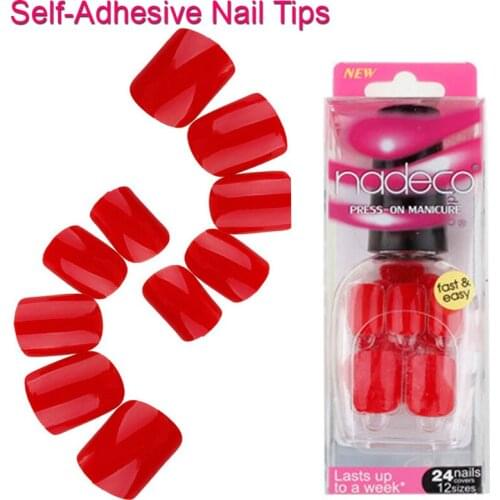 12Sets Full Cover Red Self-Adhesive Fake Nail Polish Tips Colorful Glued Acrylic Nails Artificial Fake French Manicure RCP-44