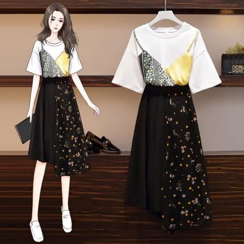 2021 Plus Size Womens Summer Fashion Skirt And Tops Korean Style Short Sleeve Shirt Blouse Floral Skirt Two Piece Suit zh382