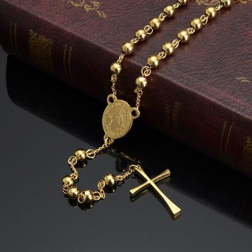 4mm/6mm/8mm Jesus Cross Pendant Necklace Gold Stainless Steel Rosary Beads Chain For Mens Womens Cross Necklace Gifts