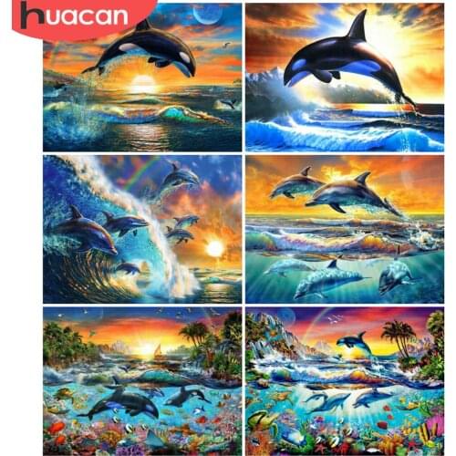 HUACAN Full Square/Round Diamond Painting Animal Dolphin Cross Stitch Diamond Art Embroidery Mosaic Sunset Room Decor
