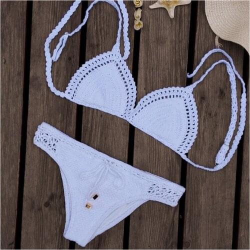 Handmade Crocheted Sexy Bikini sets 100%Cotton Hollow Trilateral Bathing Suits Adjustable Beachwear