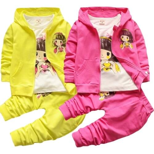 Toddler Baby Girls Clothing Set Autumn Little Girl Pattern Cute Pure Cotton Suit For Kids Hooded Coat + Shirt + Pants 3Pcs Suit