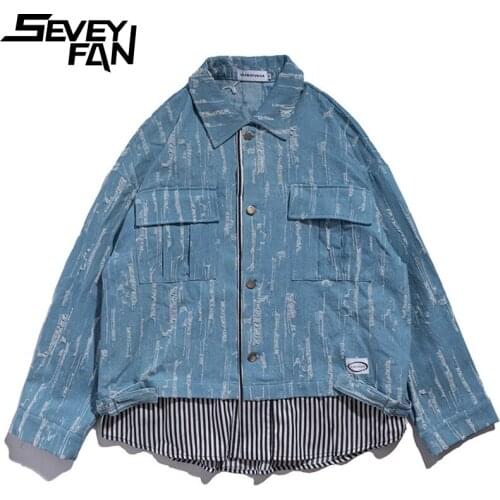 SEVEYFAN Mens Retro Ripped Hole Denim Jacket Streetwear Fake Two Pieces Jean Coat Hip Hop Coat for Male