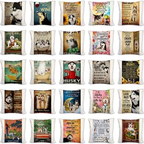 18" Vintage Pillow Case Dog Digital Printed Linen Cute Cartoon Husky Pattern Sofa Cushion Cover Living Decoration Pillowcase