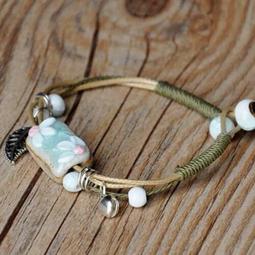 Multilayer Weave Rope Bracelet Hollow Leaf Flower Bells Pendant Cuff Bangles Ceramic Beads Bracelets For Women Retro Jewelry